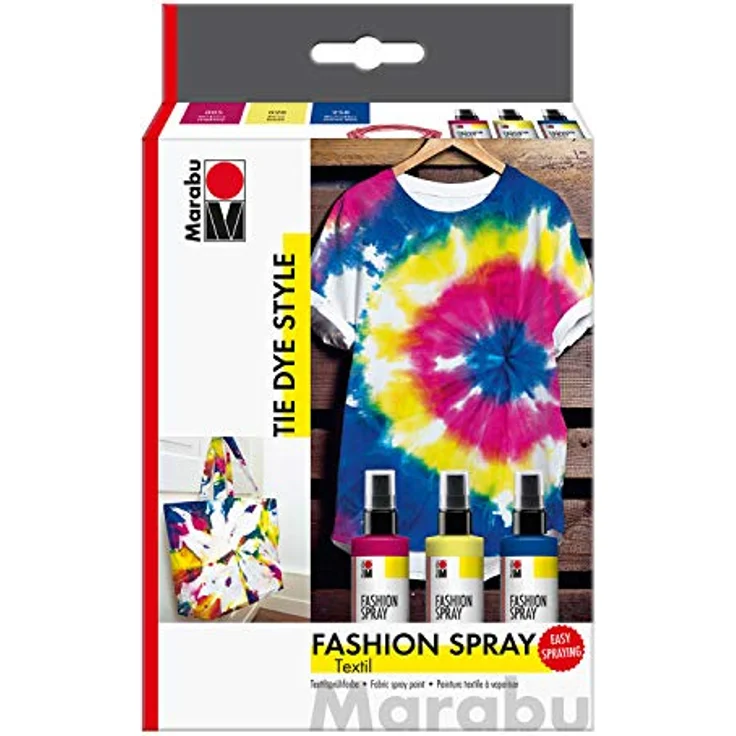 Marabu 1719000000094 - Fashion Spray, Tie Dye, Set Textilsprühfarbe auf Wasserbasis, für helle Textilien, einfache Fixierung, waschbeständig bis 40°C, 3 x 100 ml in himbeere, zitron und marineblau – Bild 1