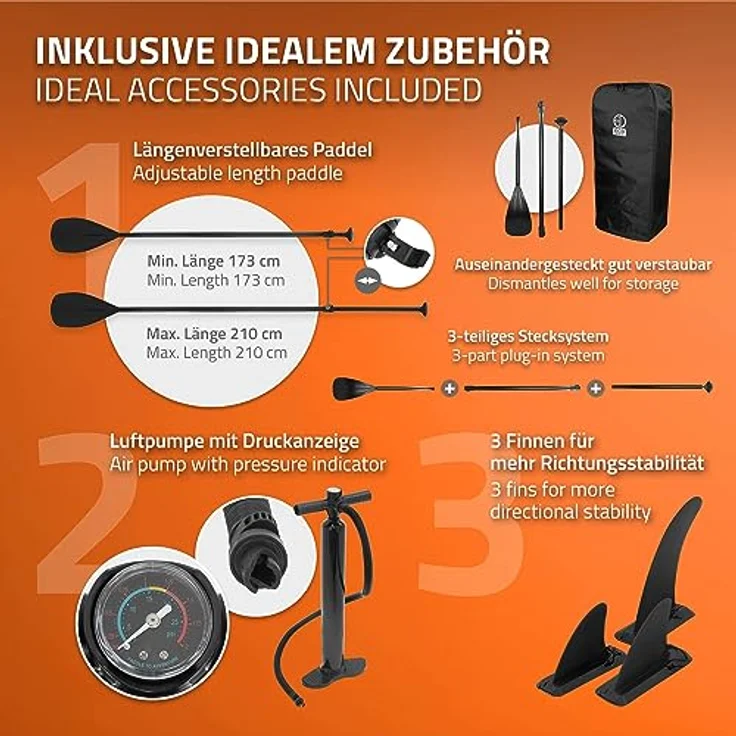 ECD Germany Aufblasbares Stand Up Paddle Board Makani, 320 x 80 x 15 cm, Orange, PVC, bis 120 kg, inkl. Pumpe, Tragetasche und Zubehör – Bild 4