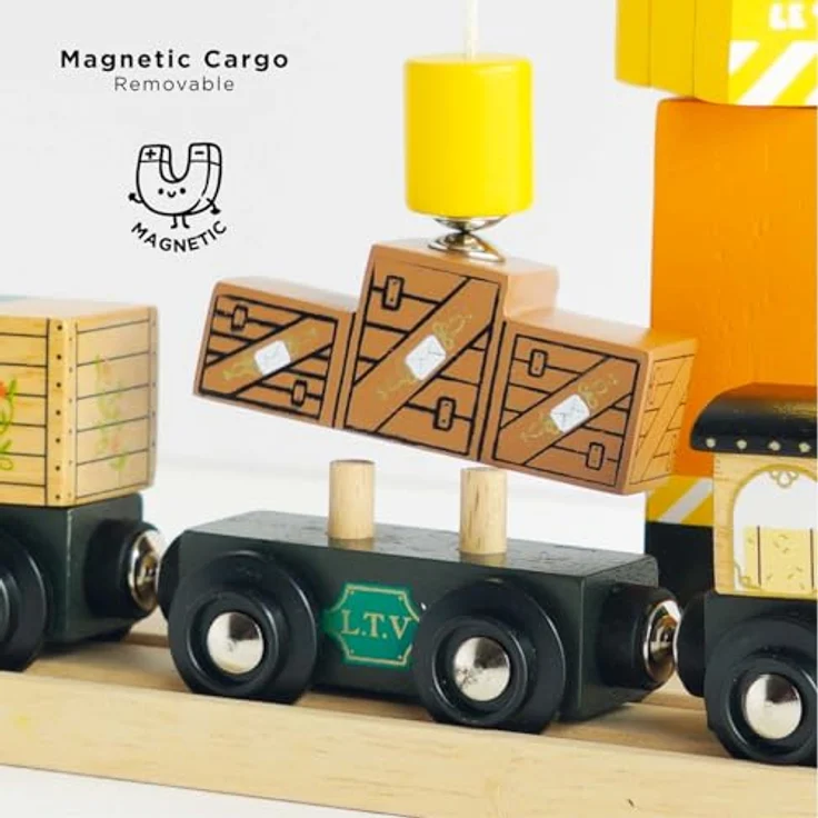 Le Toy Van Great Green Train, handgefertigter Güterzug aus Gummibaumholz mit Magnetteilen, grün – Bild 5
