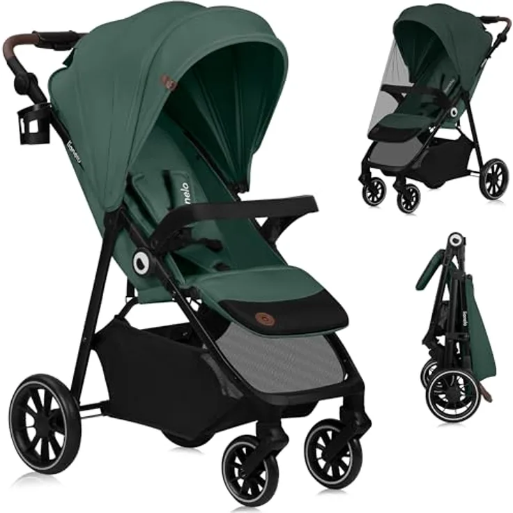 Lionelo EMMA ONE Buggy mit schwenkbaren 360° Rädern, Vollfederung, einhändig klappbar, verstellbarer Rückenlehne und Fußstütze, XXL-Verdeck UPF50+, blau
