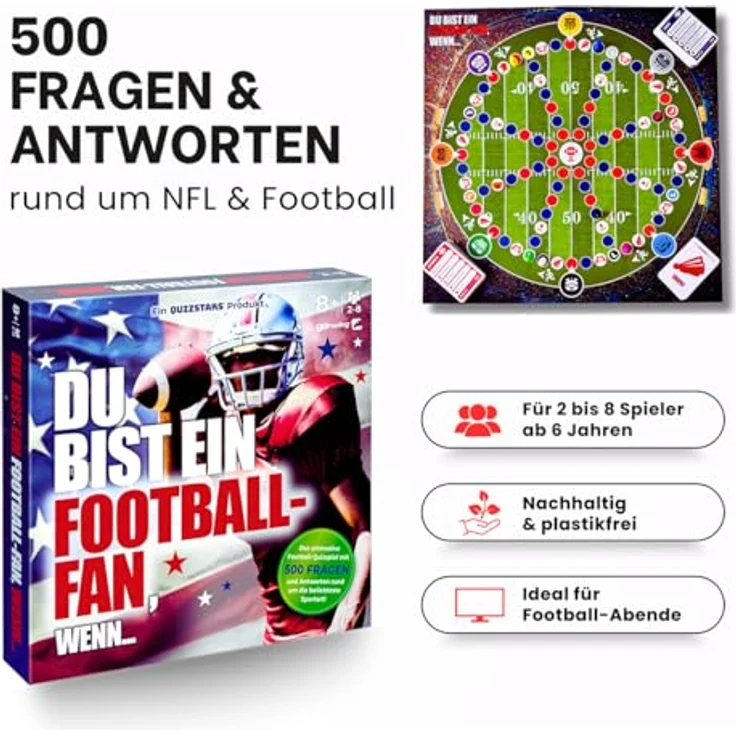 Gomazing Du bist EIN Football- Fan, wenn - Quiz-Brettspiel mit 500 Fragen zur NFL & Football - für 2-8 Spieler - nachhaltig und plastikfrei - Deutsch - 50 x 50 cm Spielbrett – Bild 2
