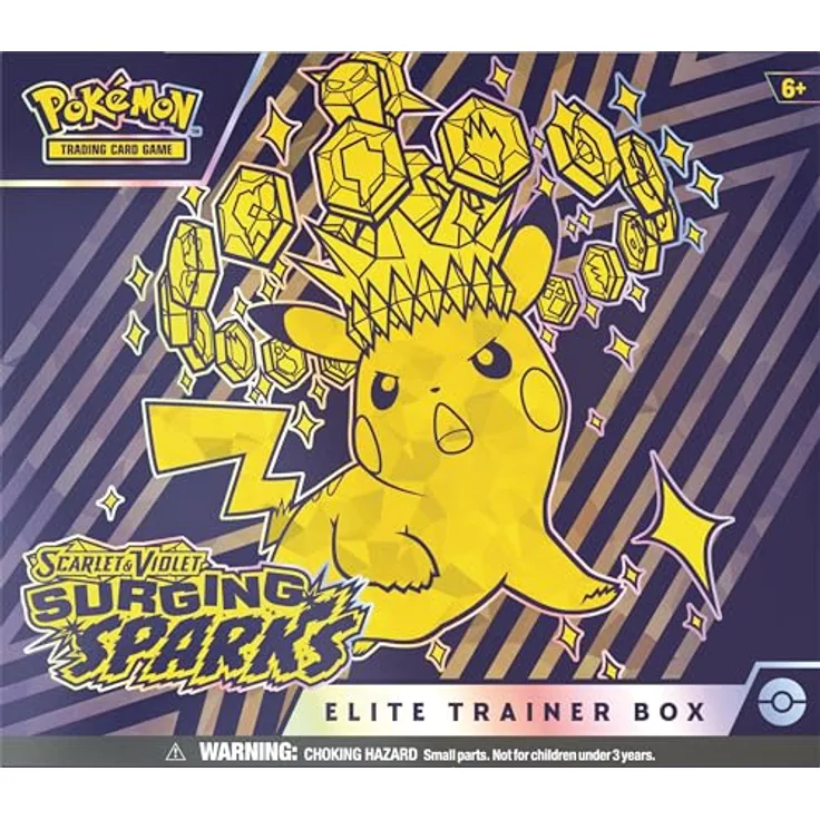 The Pokemon Company Pokemon Surging Sparks Elite Trainer Box, 9 Booster-Packs, 1 Full-Art Premium-Promo-Karte, 65 Kartenhüllen, 45 Energiekarten, Spielerleitfaden, Schadenszählerwürfel und Münzwurf-Marker