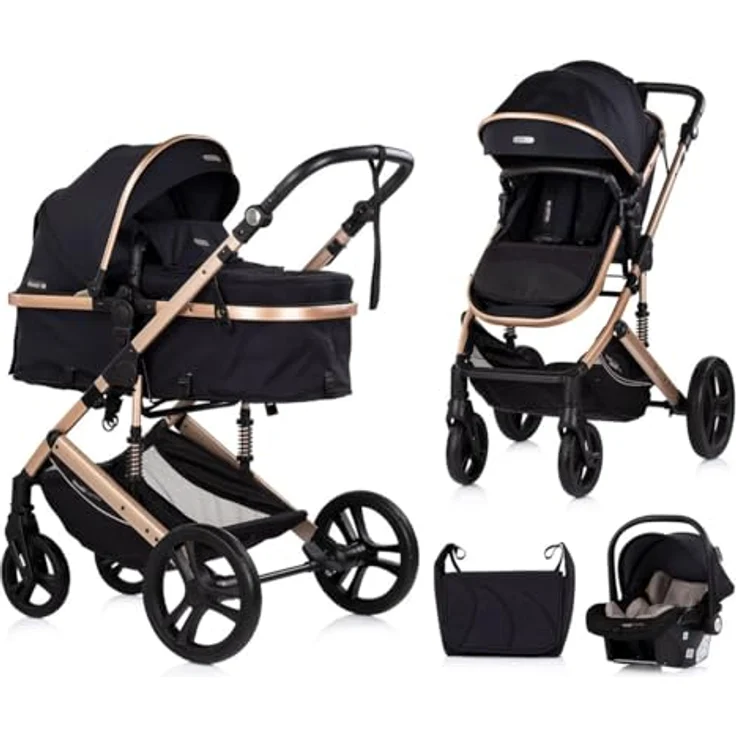 Chipolino Kinderwagen 3 in 1 Amore, inkl. Babyschale, Adapter, Wickeltasche und Fußabdeckung, schwarz – Bild 1