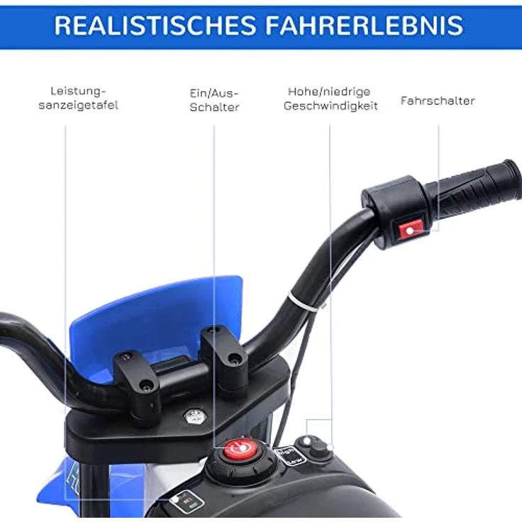 HOMCOM Elektro-Kindermotorrad Elektrofahrzeug Blau+Weiß, mit 2 abnehmbaren Stützrädern, Belastbarkeit 30 kg, 106.5L x 51.5B x 68H cm – Bild 4