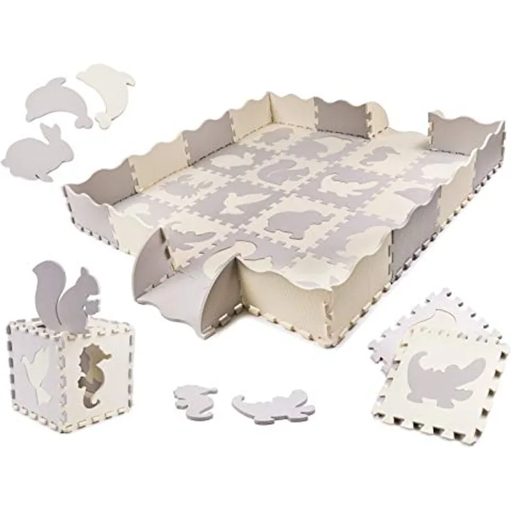 ikonka Schaumstoffpuzzle Kindermatte, wasserdicht, stoßdämpfend, kälteisolierend, grau & Ecru, 36 Elemente