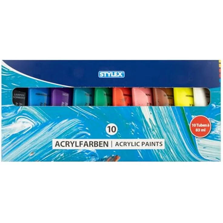 Stylex 28614 Acrylfarben Set, 10 x 83 ml Tuben, wasserbasierte, lichtbeständige und wasserfeste Farben, starke Deckkraft, schnelltrocknend, ideal für Leinwand, Papier und Stein