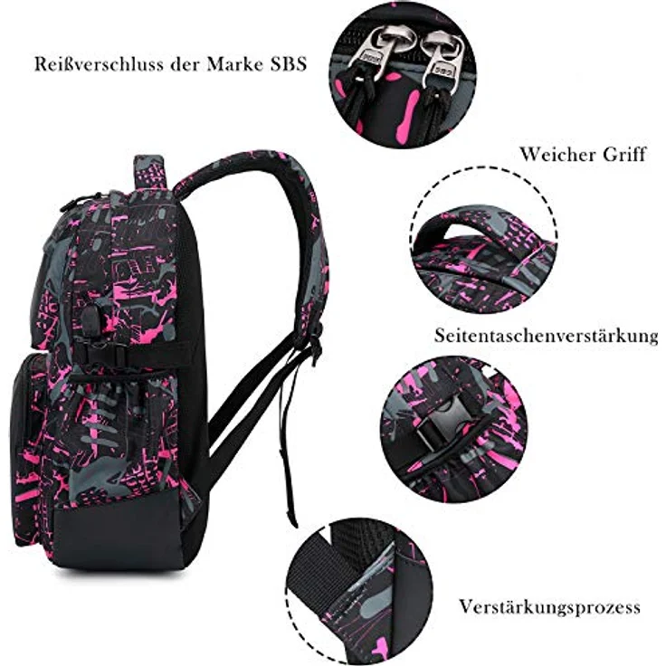 Asge Schulrucksack Mädchen, reflektierende Schultasche aus wasserabweisendem Oxford-Material, ergonomisches Design, inklusive Federmäppchen, ideal für Schule und Outdoor Aktivitäten – Bild 5
