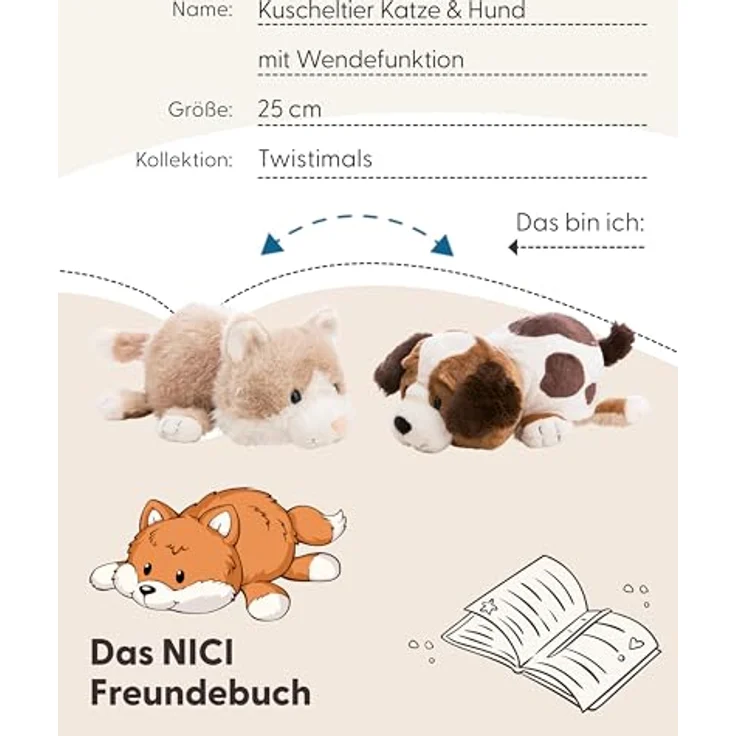 NICI Kuscheltier Katze und Hund, 25 cm Wendefunktion, weiches Plüschstofftier – Bild 6