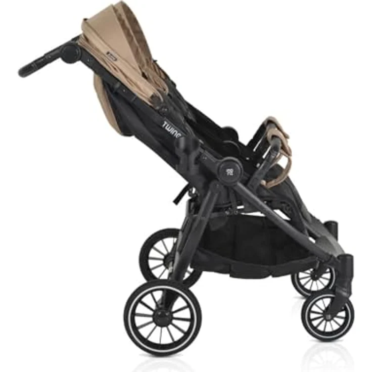 Moni Zwillingskinderwagen TwinGo Getränkehalter, Fußabdeckung, Hinterradbremse, braun – Bild 4