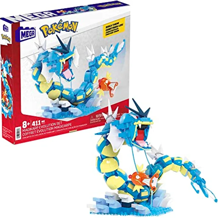 MEGA POKÉMON Karpador Evolutionsset - 411-teiliges Bauset mit Garados und Wasserlandschaft für dynamische Ausstellmöglichkeiten, 12 Verbindungspunkte, für Kinder ab 8 Jahren, HNT95