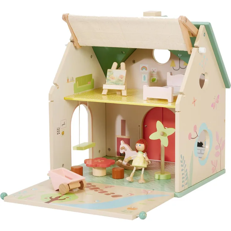 Classic World Landhaus, Puppenhaus mit Sonnenstore und Garten, inkl. Spiel-Accessoires