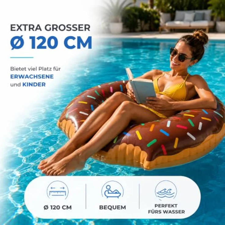 TK Gruppe Timo Klingler Aufblasbarer Donut Schwimmring braun Ø 120 cm mit Biss - Ideal für Pool, Strand und Wasseraktivitäten – Bild 2