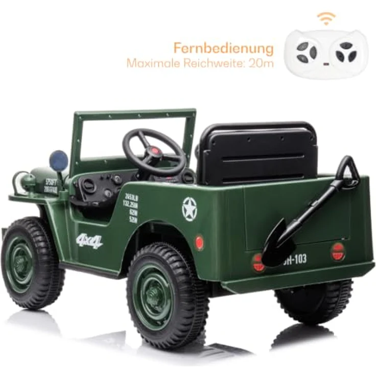 Kijana Willys Elektro-Armeeauto für Kinder 12V - Grün, mit 2 Motoren, Soft-Start-Funktion, MP3-Player und elterlicher Fernbedienung – Bild 3