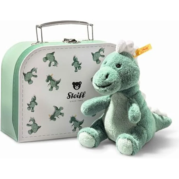 Steiff Joshi Baby T-Rex 16cm, grünblaues Kuscheltier im Koffer, Soft Cuddly Friends, waschmaschinenfest, geeignet zum Spielen und Kuscheln
