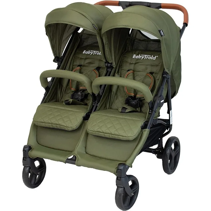 BabyTrold OS2 Zwillingsbuggy Olive, verstellbar mit pannensicheren Rädern und schwenkbaren Vorderrädern