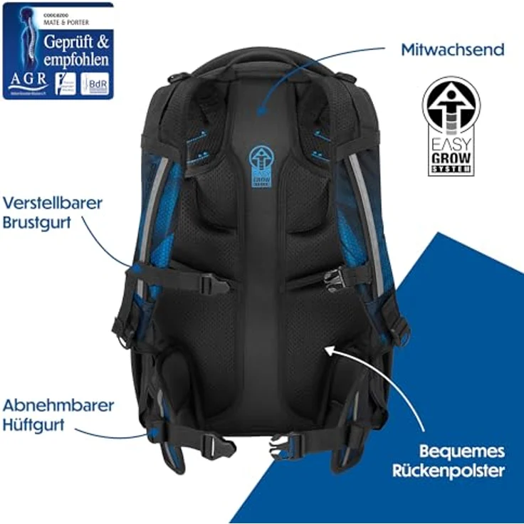 Coocazoo Schulrucksack Porter „Electric Ice”, ergonomischer Tornister, höhenverstellbar, schwarz-blau, mit Brust- und Hüftgurt, 30 Liter Stauraum ab der 3. Klasse – Bild 4