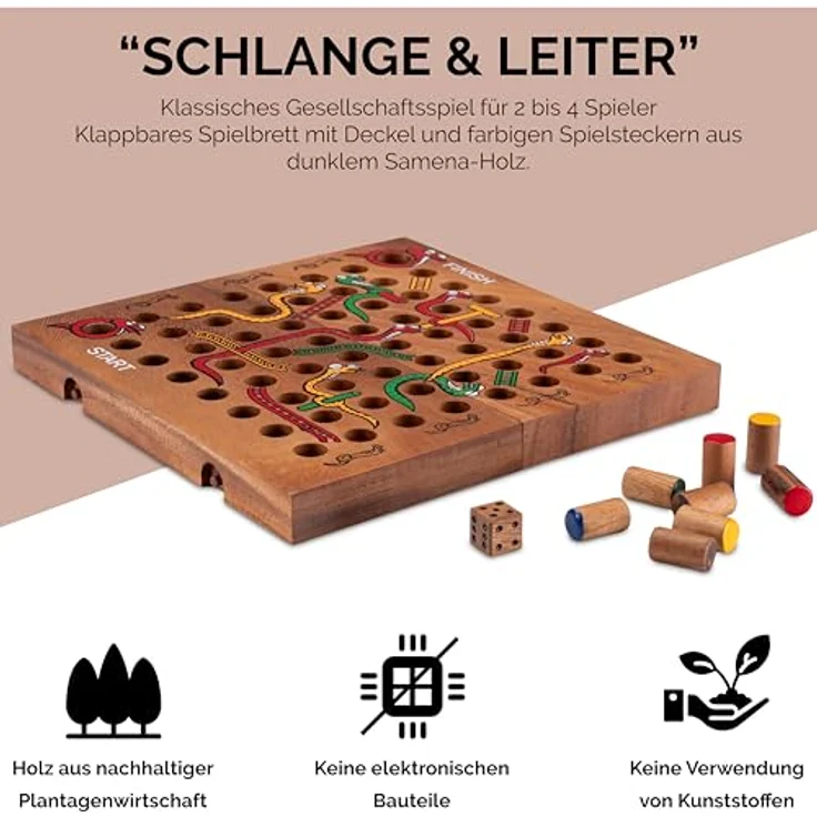 Logoplay Holzspiele Schlange & Leiter Gr. XL, Klappbares Spielbrett für 2-4 Spieler, Spielfeld 14 x 14 cm, Stabiler Holzkasten, Samena-Holz – Bild 4