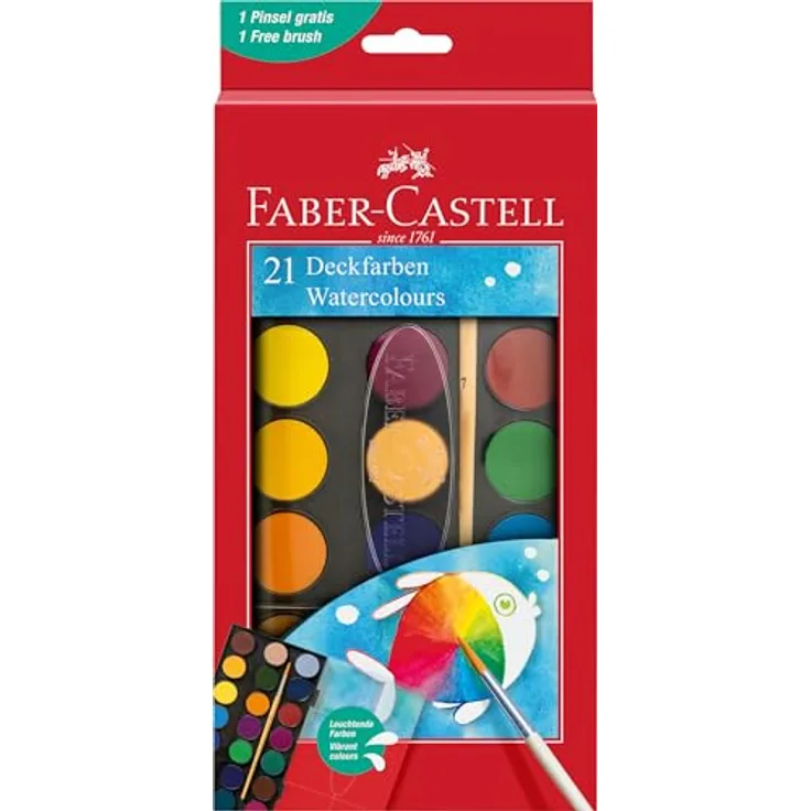 Faber-Castell 125027 Wasserfarbkasten mit 21 leuchtenden Farben, inkl. Pinsel und Mischpalette, ideal für Schule und Freizeit