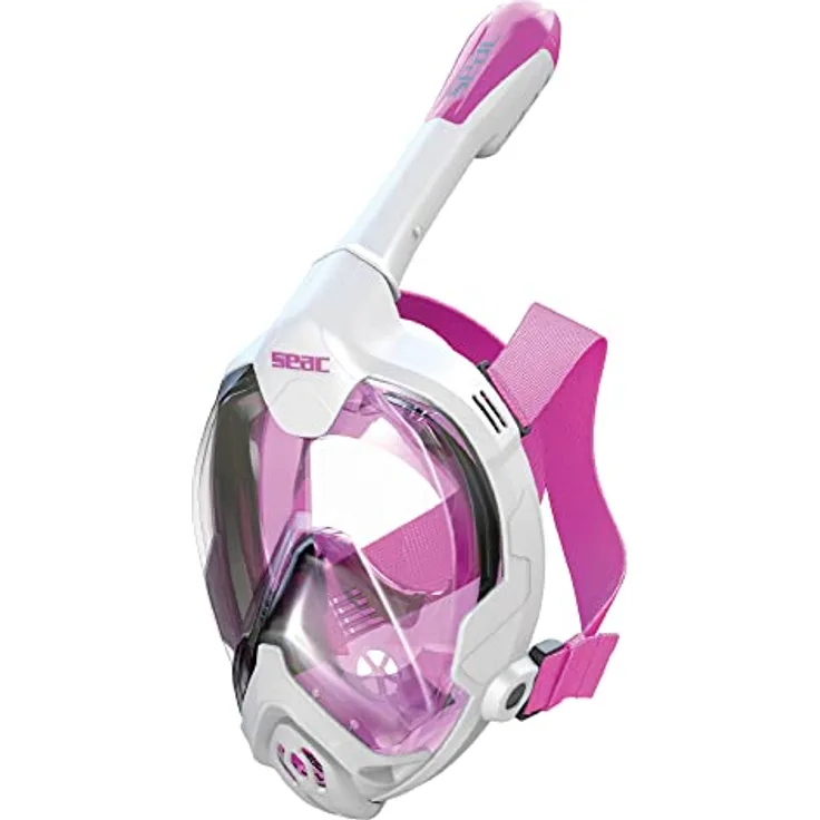 SEAC Magica Schnorchelmaske Vollgesichtsmaske mit Anti-Beschlag System, Dry Top Schnorchel und Auslassventil, weiß/rosa, XS/S