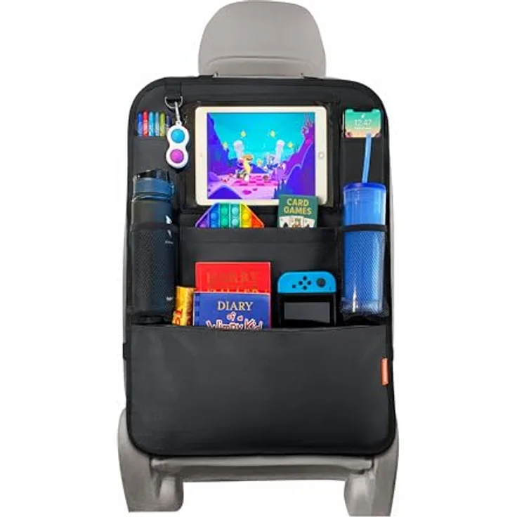 Huckaboo Autositz Organizer, Rücksitz-Organizer mit Tablet-Fach, 6 Taschen & Rückenlehnenschutz, Schwarz