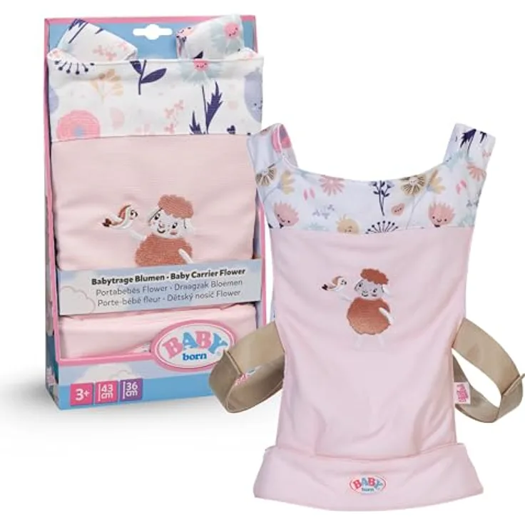 BABY Born Babytrage, Puppentrage mit 2 Blickrichtungen & verstellbarem Gurt, Rosa mit Blumendetails für 36 cm & 43 cm Puppen