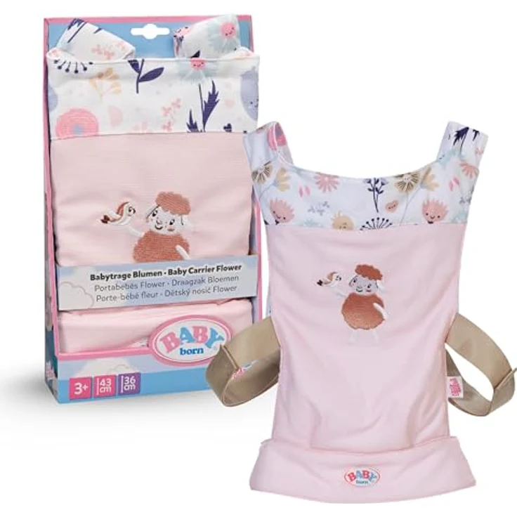 BABY Born Babytrage, Puppentrage mit 2 Blickrichtungen & verstellbarem Gurt, Rosa mit Blumendetails für 36 cm & 43 cm Puppen – Bild 1