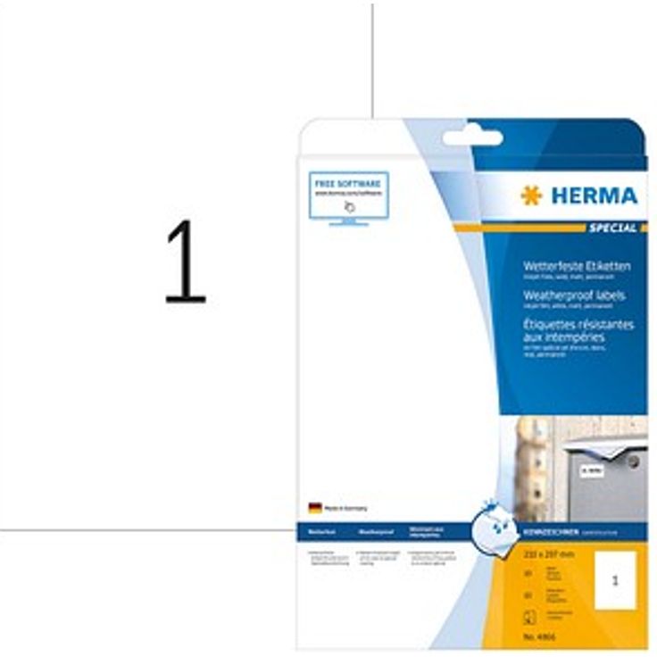HERMA 4866, wetterfeste Folienetiketten, 10 Stück, weiß, 210 x 297 mm, selbstklebend, bedruckbar, matte Oberfläche