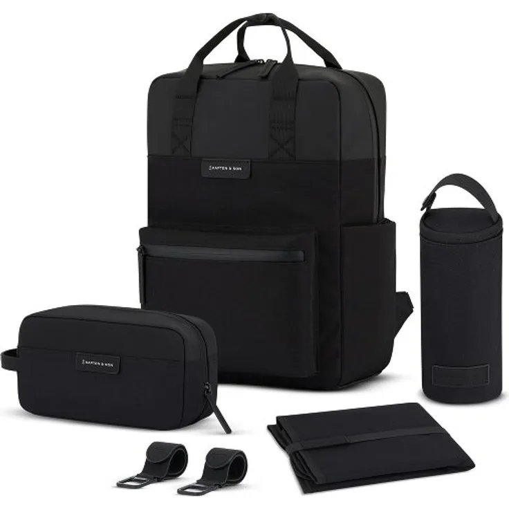 Kapten & Son Bergen Wickelrucksack Set 4 tlg., mit Laptopfach, schwarz, 100% Polyester, 28 cm x 11.5 cm x 39 cm