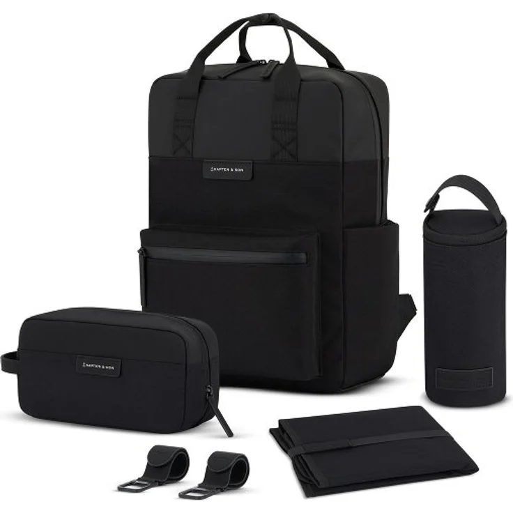 Kapten & Son Bergen Wickelrucksack Set 4 tlg., mit Laptopfach, schwarz, 100% Polyester, 28 cm x 11.5 cm x 39 cm