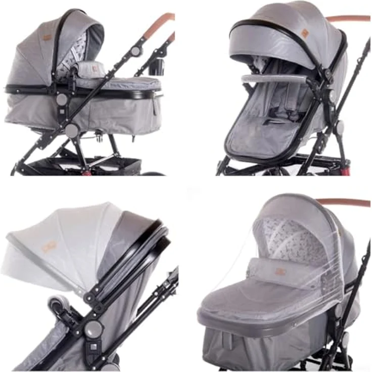 Lorelli Kinderwagen Lora 3 in 1, faltbar mit Gummirädern, Tragetasche, Sportsitz, Fußabdeckung, grau – Bild 3