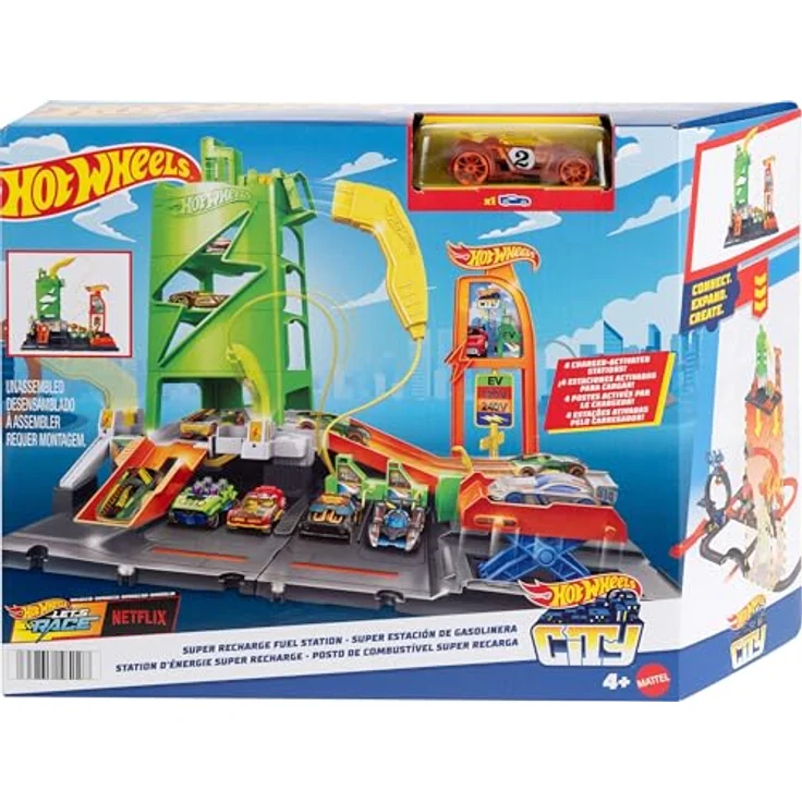 Hot Wheels City Super Recharge Tankstelle, interaktives Spielset mit umpositionierbarem Ladegriff und Platz für 10 Fahrzeuge, inklusive einem Hot Wheels Auto – Bild 6