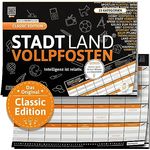 DENKRIESEN - Stadt Land VOLLPFOSTEN® Classic Edition - 'Intelligenz ist relativ' - A4 | Partyspiel | Familienspiel | Stadt Land Fluss | Spielblock | Geschenkidee