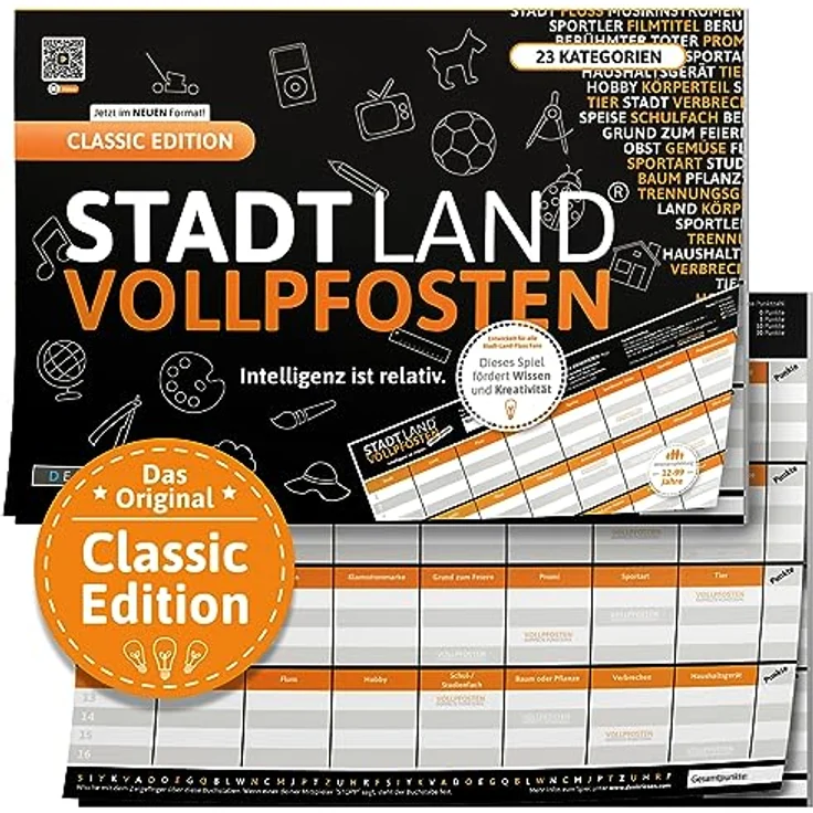 DENKRIESEN - Stadt Land VOLLPFOSTEN® Classic Edition - 'Intelligenz ist relativ' - A4 | Partyspiel | Familienspiel | Stadt Land Fluss | Spielblock | Geschenkidee – Bild 1