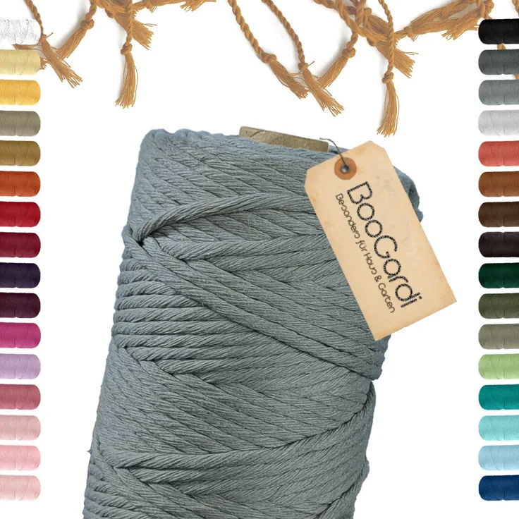 BooGardi Makramee Garn Bastelgarn, (5mm x 100m 100% Baumwolle), Grau 2 Stärken Macramee Kordel Band
