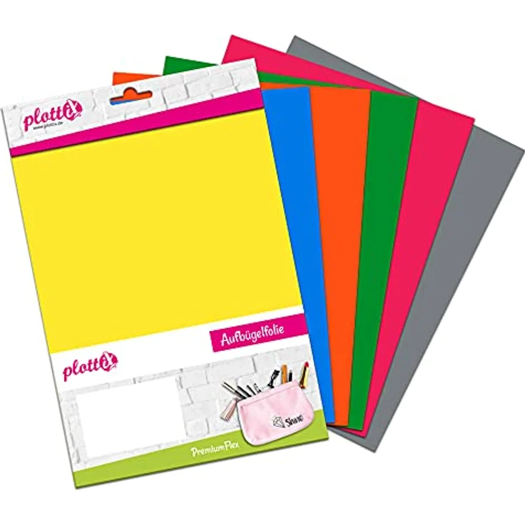 plottiX PremiumFlex Aufbügelfolie, farbsortiert, 6er Set, 20,0 x 30,0 cm, in hellgrün, blau, grau, gelb, orange und fuchsia – Bild 2