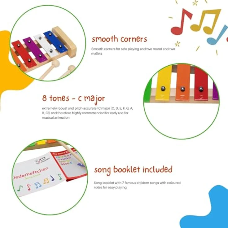 GICO Kinder Xylophon aus Holz mit 8 Tönen (C-DUR), inkl. 2 Schlägel und Liederbuch, ideal für musikalische Früherziehung - 3811 – Bild 2