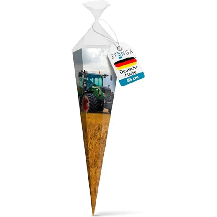 itenga Schultüte 85cm Traktor auf dem Feld, 6-eckige Zuckertüte aus robustem Karton mit Tüllverschluss, für Jungen und Mädchen zur Einschulung – Bild 1