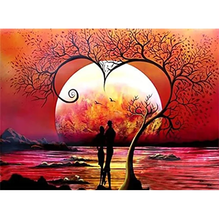 Diamond Painting Set, Bild mit Motiv Sonnenuntergang mit Herz und Zubehör, Größe ca. 35 x 25 cm, Bastelset zum Malen mit Glitzersteinchen für Kinder ab 5 Jahren