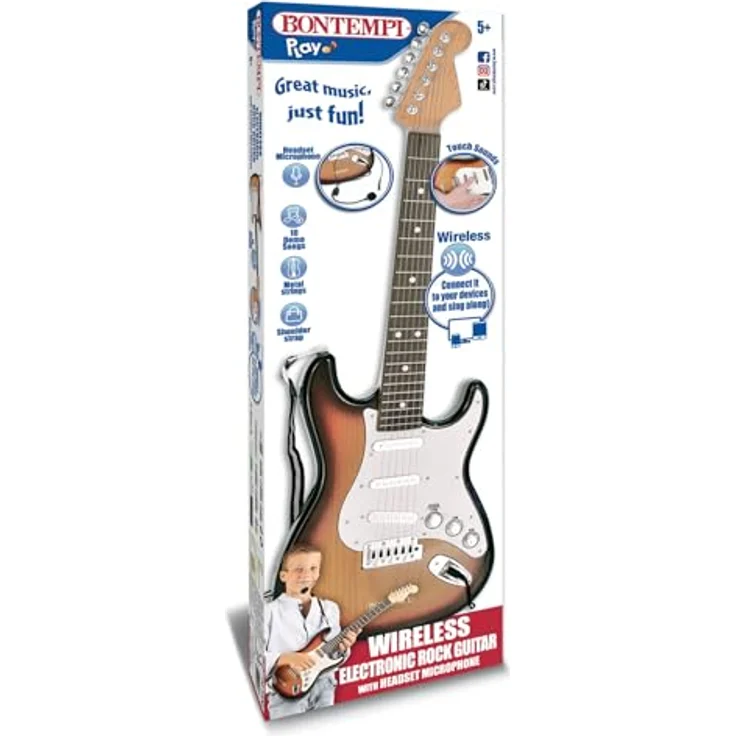 Bontempi Rock On, Elektronische Rockgitarre Wireless mit Mikrofon, Schultergurt und 10 vorinstallierten Songs, 67 cm – Bild 4