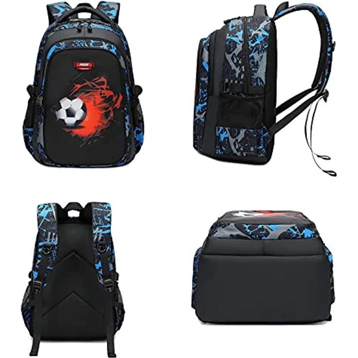 Asge Schulrucksack Jungen Mädchen, Ergonomischer Ranzen mit Fußball Druck, wasserdicht, 46cm x 30cm x 22cm, für 8-14 Jahre – Bild 2