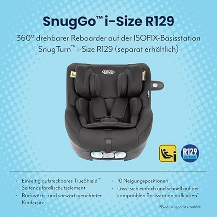 Graco Reboarder-Kindersitz SnugGo i-Size R129 inkl. Sitzverkleinerer - Midnight, 360° drehbarer Kindersitz mit i-Size R129 Sicherheitsstandard – Bild 2