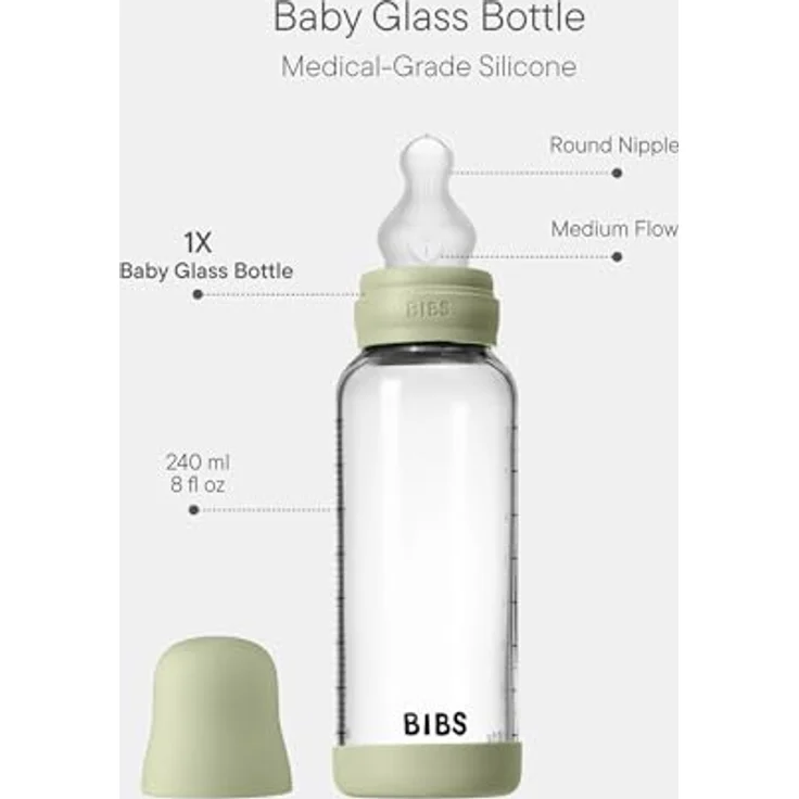 BIBS Baby Glass Bottle Silicone Antikolikflasche mit Silikonsauger, Sage, 240 ml, vorbeugend gegen Koliken, spülmaschinenfest – Bild 2