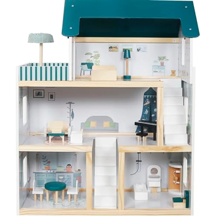 TikTakToo Großes Puppenhaus XXL Traumhaus Set aus Holz 17 TLG. für Kinder Puppenvilla 62x26,5x77, Fantasievolles Design, liebevoll ausgestattet – Bild 2