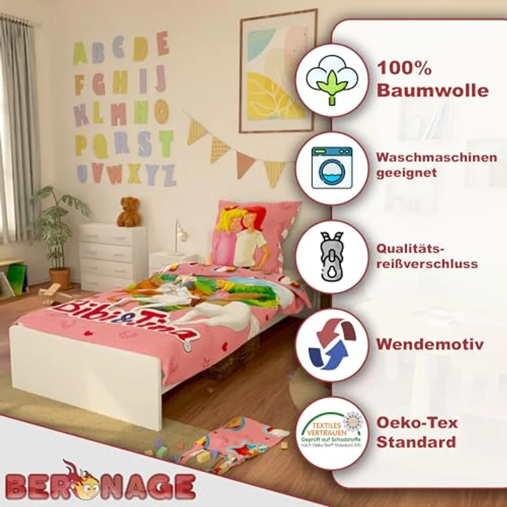 BERONAGE Bibi und Tina Kinderbettwäsche Herz - 135 x 200 cm + 80 x 80 cm – 100% Baumwolle Renforcé-Linon – Bettwäsche mit Motiven von Amadeus & Sabrina - Reiten - Reißverschluss, deutsche Größe - Bezaubernde Pferde-Bettwäsche in Linon-Qualität – Bild 3