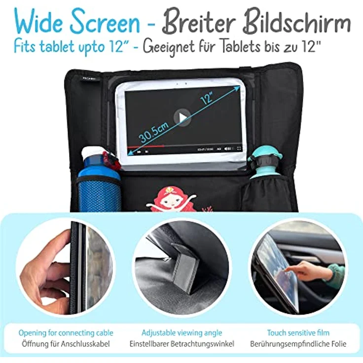 HECKBO 1x Kinder Auto Rückenlehnenschutz Organizer mit verstellbarer Tablet Tasche mit Touch Folie für bis 20" – Meerjungfrau Motiv - universal - 70x45cm – inkl. Thermotasche + Stretch-Netztasche – Bild 3