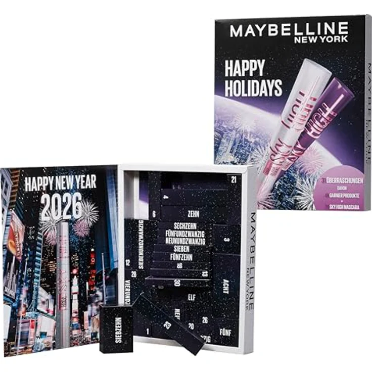 Maybelline New York Adventskalender 2025, 31 Türchen mit 26 Originalprodukten & 5 Goodies, inkl. 2 Sky High Mascara & 4 Garnier Skincare Produkten – Bild 4