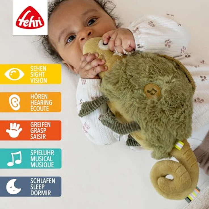 Fehn Einschlafhilfe Chamäleon, mit Soundmodul und Cry-Sensor, 10 beruhigende Sounds, für Babys ab 0+ Monaten, ca. 27 cm, maschinenwaschbar – Bild 3