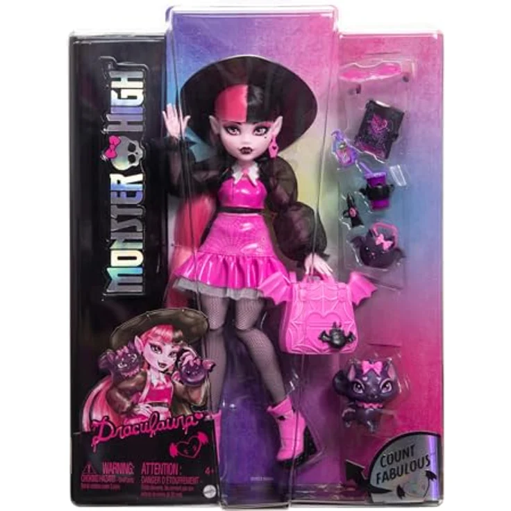 Mattel® Anziehpuppe Monster High Draculaura with Pet Fabulous Doll, Rosa und Schwarz, Gruselige Accessoires, Voll artikuliert – Bild 6