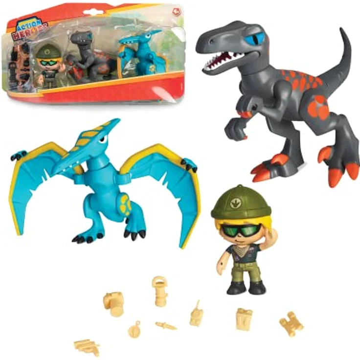 Merkloos Action Heroes Spielfiguren-Set, Dino-Abenteuer mit Velociraptor, Pterodactylus und Entdecker-Figur, 12 cm Höhe – Bild 2