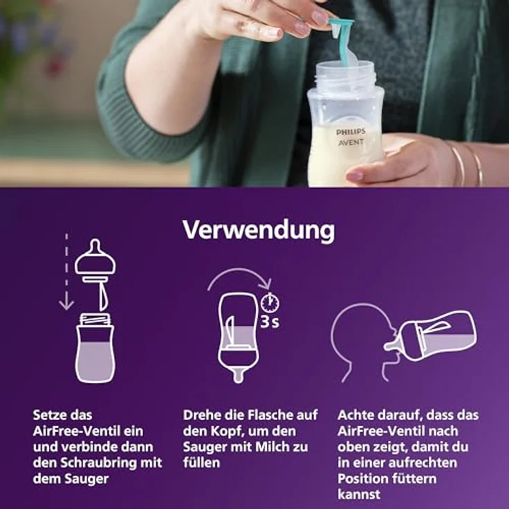 Philips Avent Babyflaschen Natural Response – 2x Babyflaschen mit AirFree Ventil, 125 ml, BPA-frei, für Neugeborene ab 0 Monaten (Modell SCY670/02) – Bild 8